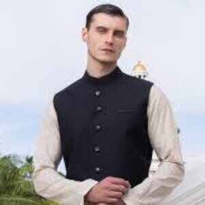 Men's Black Pinstripe Waistcoat Vest, Nehru collar, NWT